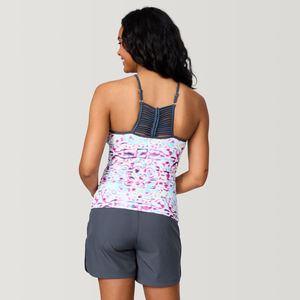 Free Country Women's Mirage High Neck Macrame Back Tankini Top Cerise Mirage