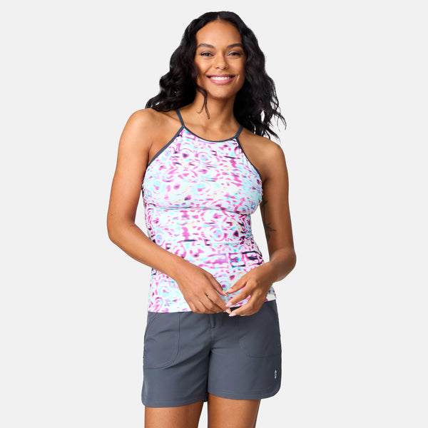 Free Country Women's Mirage High Neck Macrame Back Tankini Top Cerise Mirage