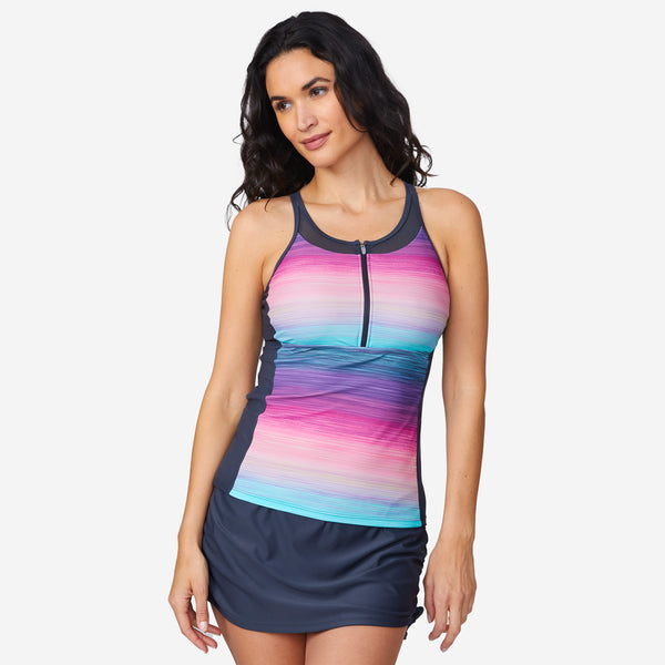 Free Country Women's Mirage Mesh Zip-Up Tankini Top Cerise Sunset Ombre
