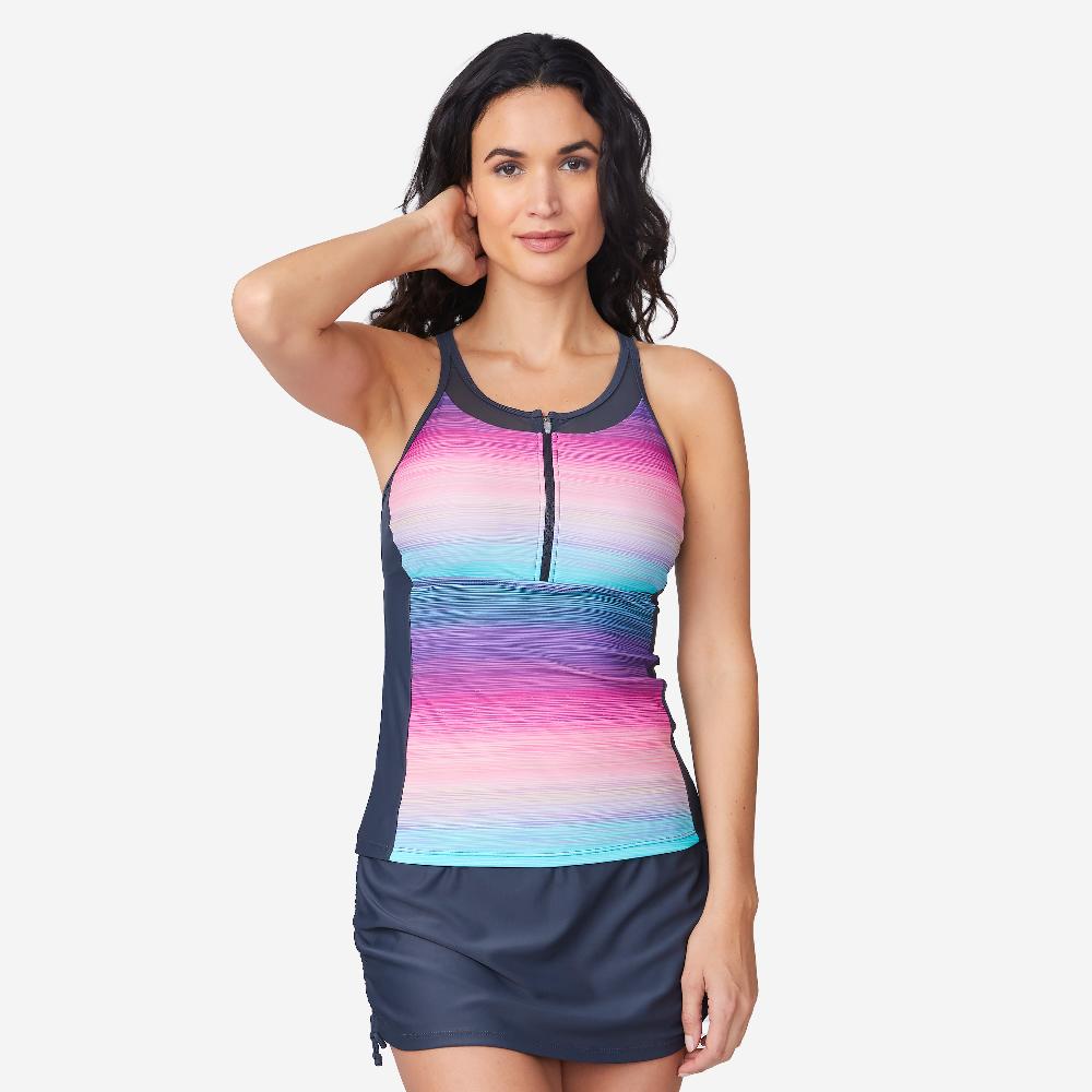 free country Women's Mirage Mesh Zip-Up Tankini Top Cerise Sunset Ombre