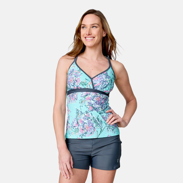 Free Country Women's Mosaic Garden Macrame Back Tankini Top Aruba Mosaic Garden