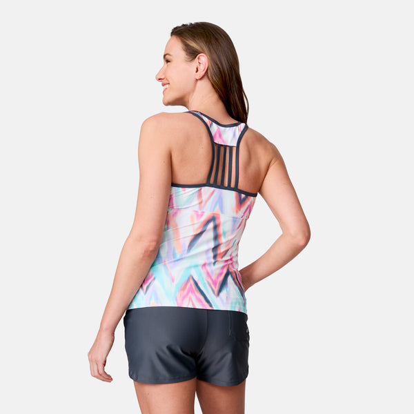 Free Country Women's Oasis Chevron Lace-Up Racerback Tankini Top Aruba Oasis Chevron