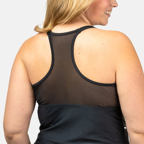 Free Country Women's Plus Size Crochet Wave Mesh Zip-Up Tankini Top Black Crochet Wave