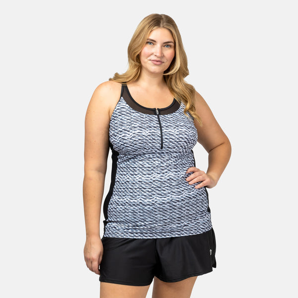 Free Country Women's Plus Size Crochet Wave Mesh Zip-Up Tankini Top Black Crochet Wave