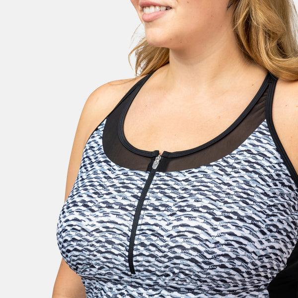 Free Country Women's Plus Size Crochet Wave Mesh Zip-Up Tankini Top Black Crochet Wave