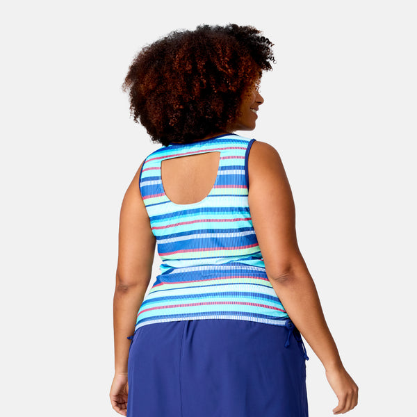 Free Country Women's Plus Size Marina Stripe Full Side Shirring Tankini Top Marine Marina Stripe