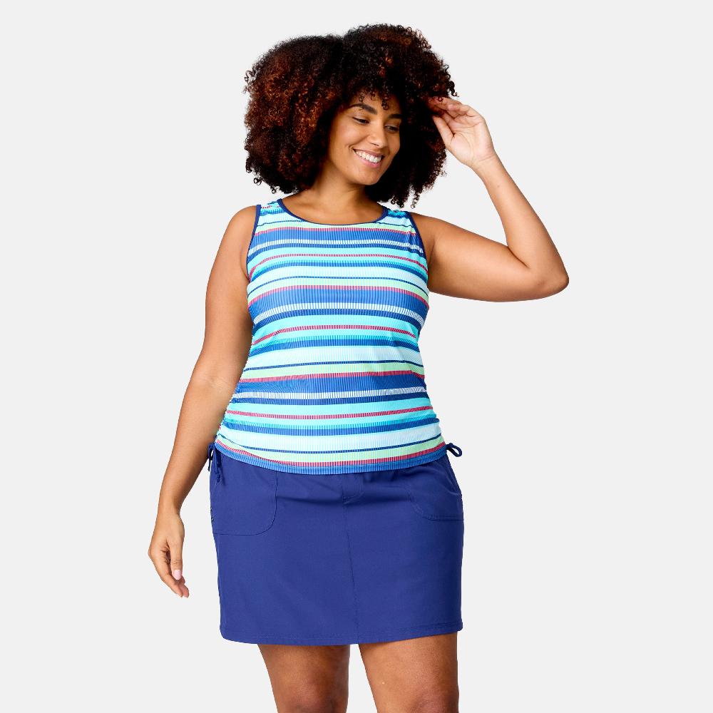 free country Women's Plus Size Marina Stripe Full Side Shirring Tankini Top Marine Marina Stripe