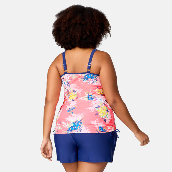 Free Country Women's Plus Size Poolside Bouquet Double Strap Tankini Top Coral Sea Poolside Bouquet