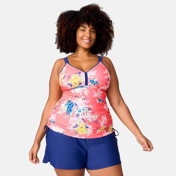 Free Country Women's Plus Size Poolside Bouquet Double Strap Tankini Top Coral Sea Poolside Bouquet