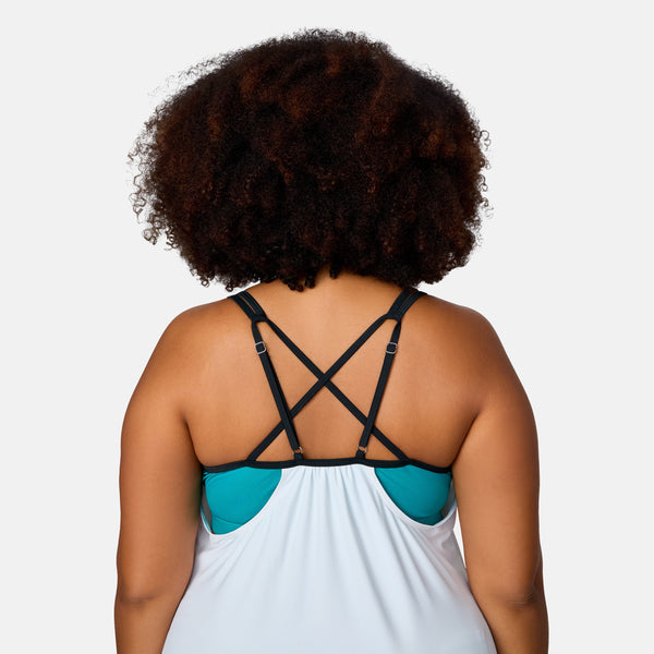 Free Country Women's Plus Size Seashore Blossom Side Tie Blouson Tankini Top White Macrame Floral