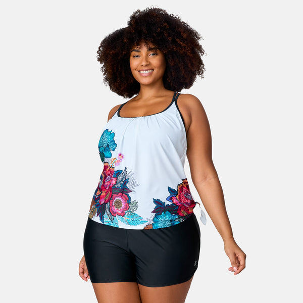 Free Country Women's Plus Size Seashore Blossom Side Tie Blouson Tankini Top White Macrame Floral