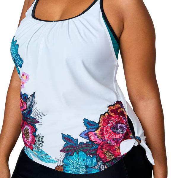 Free Country Women's Plus Size Seashore Blossom Side Tie Blouson Tankini Top White Macrame Floral
