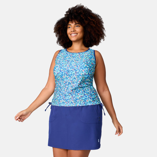Free Country Women's Plus Size Seaside Petals Full Side Shirring Tankini Top Marine Seaside Petals