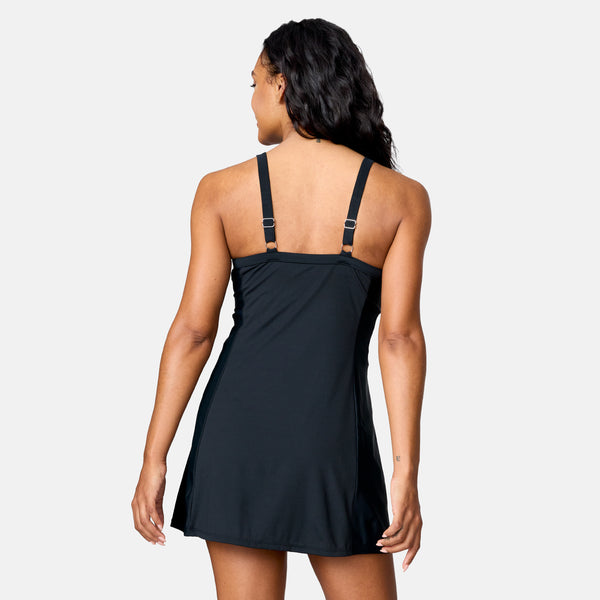 Free Country Women's Swim Dress With Built-in Biker Short Black