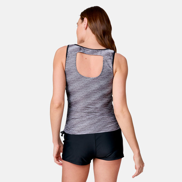Free Country Women's Textured Stripe Full Side Shirring Tankini Top Black Textured Stripe