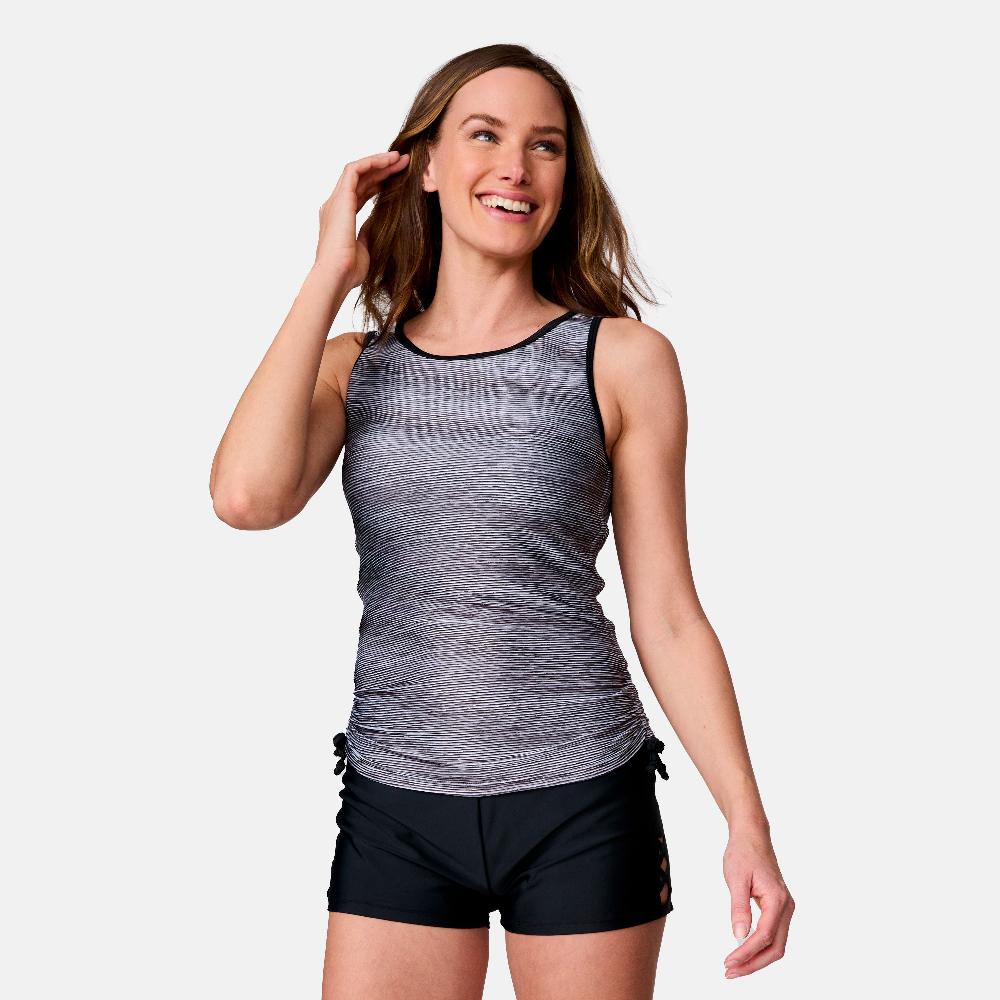 free country Women's Textured Stripe Full Side Shirring Tankini Top Black Textured Stripe