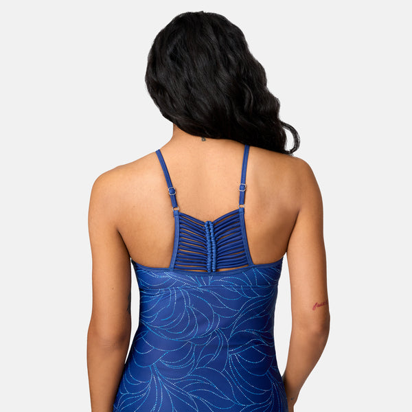 Free Country Women's Tidal Swirl High Neck Macrame Back Tankini Top Marine Tidal Swirl