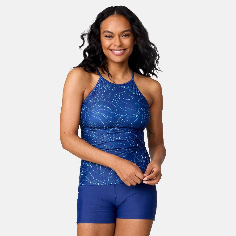 free country Women's Tidal Swirl High Neck Macrame Back Tankini Top Marine Tidal Swirl