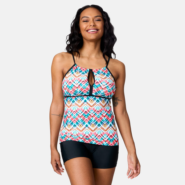 Free Country Women's Zigzag Zest 2-in-1 Keyhole Tankini Top Jadesea Zigzag Zest