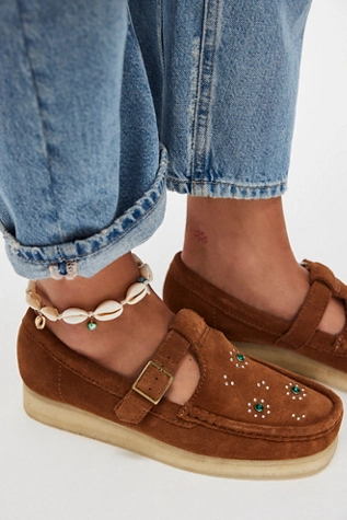 Free People Clarks Wallabee T-Bar Mary Janes Brown / Orange Suede Stud