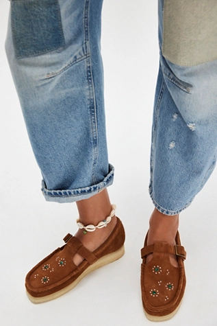 free people Clarks Wallabee T-Bar Mary Janes Brown / Orange Suede Stud