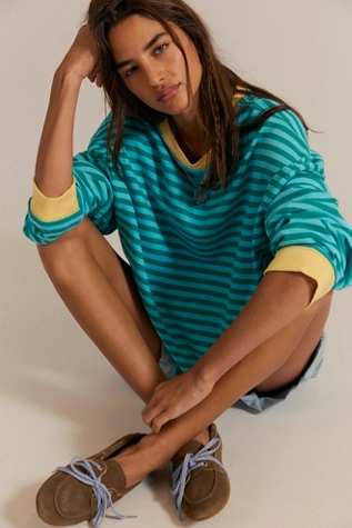 Free People Classic Striped Oversized Crewneck Seaglass Combo
