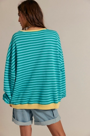 Free People Classic Striped Oversized Crewneck Seaglass Combo