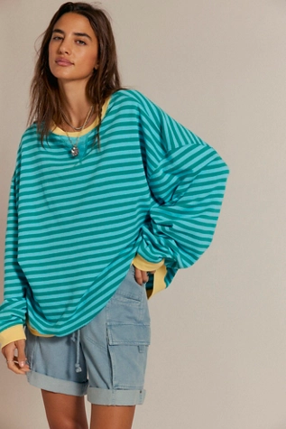 free people Classic Striped Oversized Crewneck Seaglass Combo