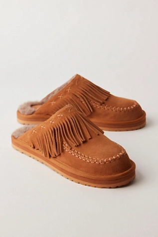 Free People Fallon Fringe Mules Toffee Suede