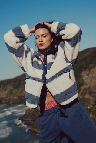 Free People Hit The Slopes Printed Fleece Jacket Rugby Stripes Combo Ivory