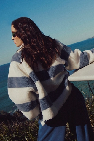 Free People Hit The Slopes Printed Fleece Jacket Rugby Stripes Combo Ivory