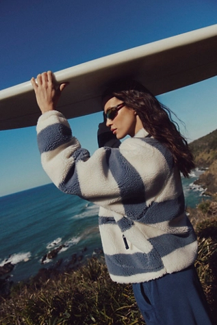 Free People Hit The Slopes Printed Fleece Jacket Rugby Stripes Combo Ivory