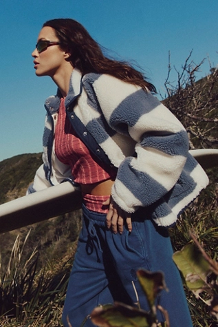 free people Hit The Slopes Printed Fleece Jacket Rugby Stripes Combo Ivory