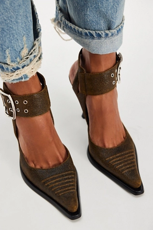 Free People Presley Pointed Heels Khaki Distressed Silver