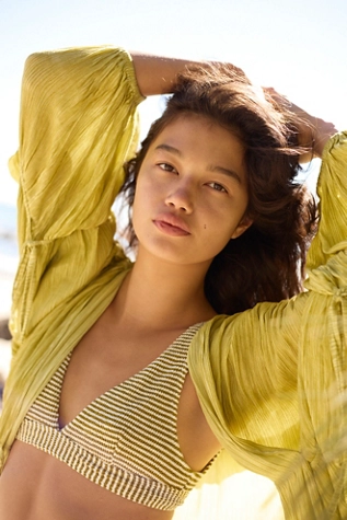 free people Rhythm Cove Stripe Tall Tri Bikini Top Khaki Cover Stripe