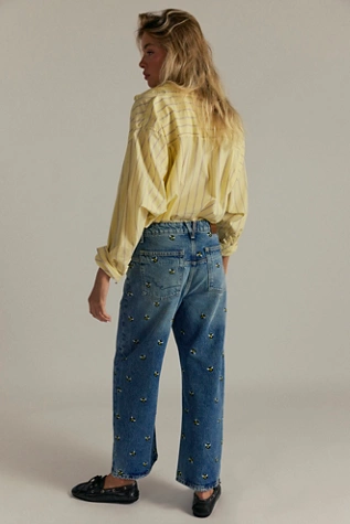 Free People We The Free Deep Trance Embroidered Dropped Boyfriend Jeans Buzz Off
