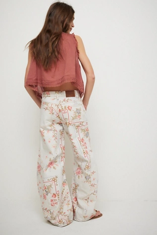 Free People We The Free Eden Printed High Slouchy Jeans Ivory Combo Cross Stitch