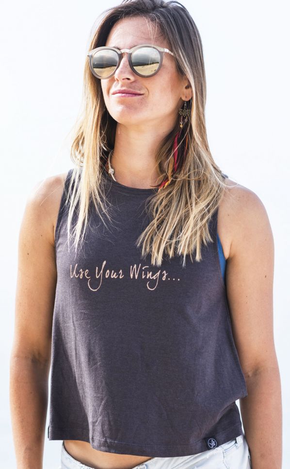 Free Spirit Angel Wings Flow Tank Grey Organic Cotton Bamboo Yoga Top