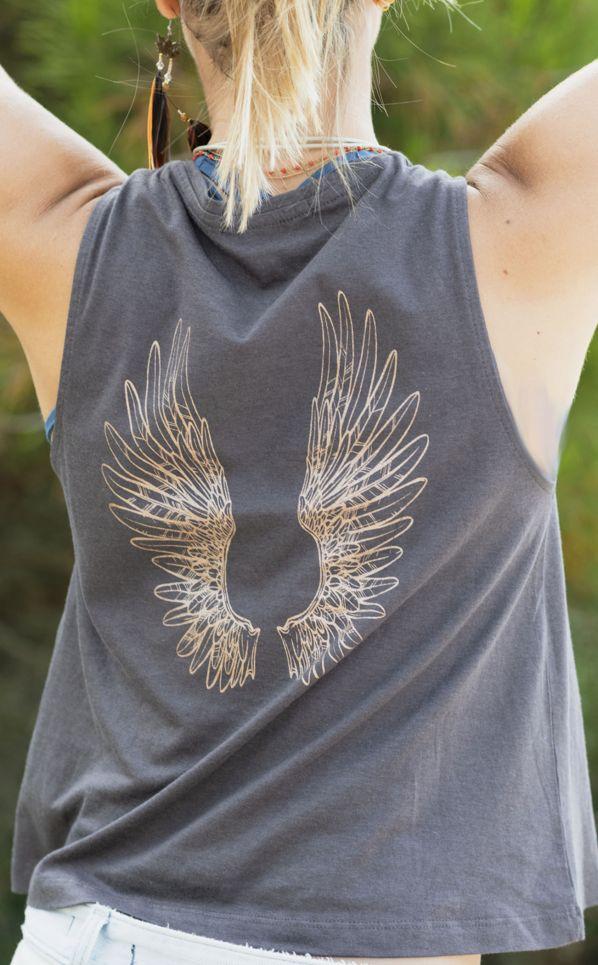 Free Spirit Angel Wings Flow Tank Grey Organic Cotton Bamboo Yoga Top