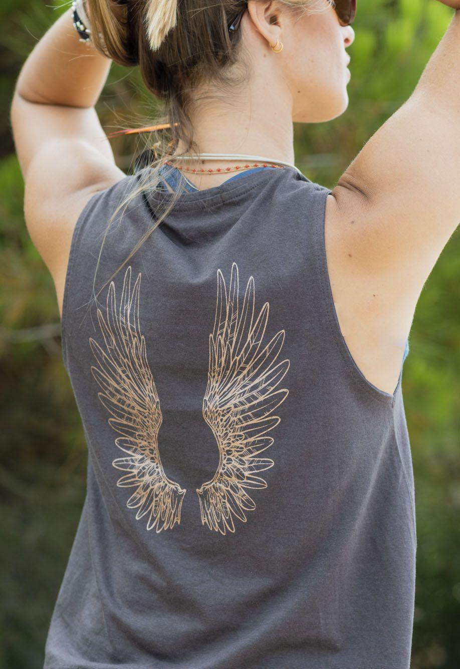 free spirit Angel Wings Flow Tank Grey Organic Cotton Bamboo Yoga Top