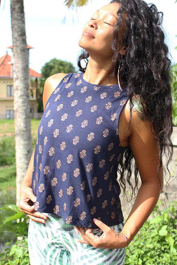free spirit Tiny Hamsa NAVY Flow Tank Organic Cotton Bamboo Yoga Top