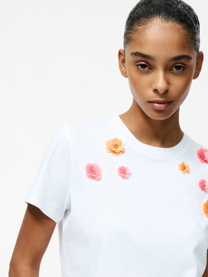 French Connection 3D Floral Motif Short Sleeve T-Shirt Linen White