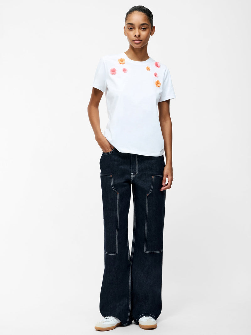 French Connection 3D Floral Motif Short Sleeve T-Shirt Linen White