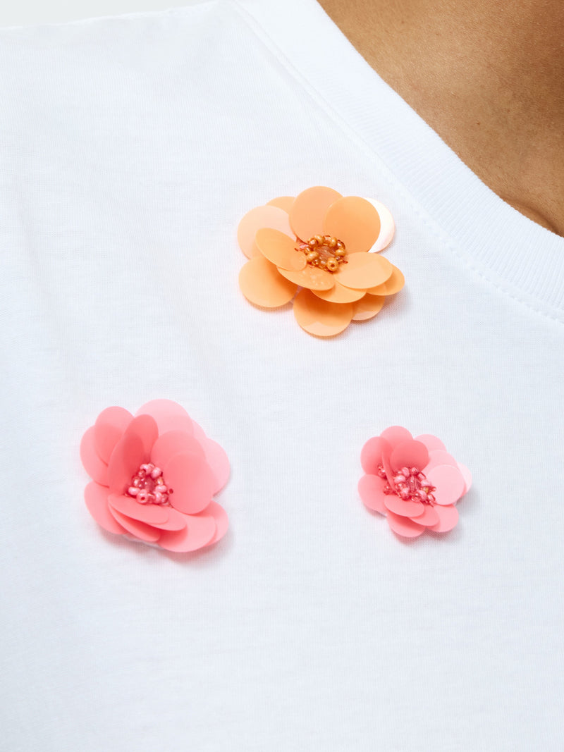 French Connection 3D Floral Motif Short Sleeve T-Shirt Linen White