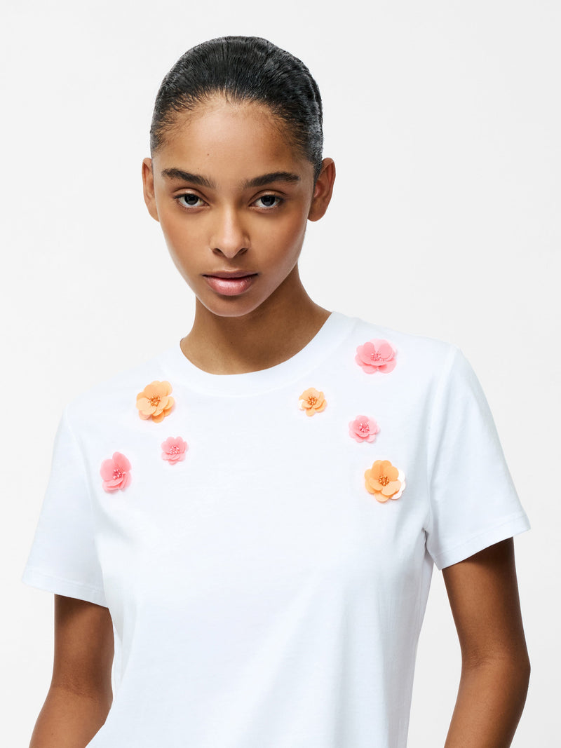 french connection 3D Floral Motif Short Sleeve T-Shirt Linen White