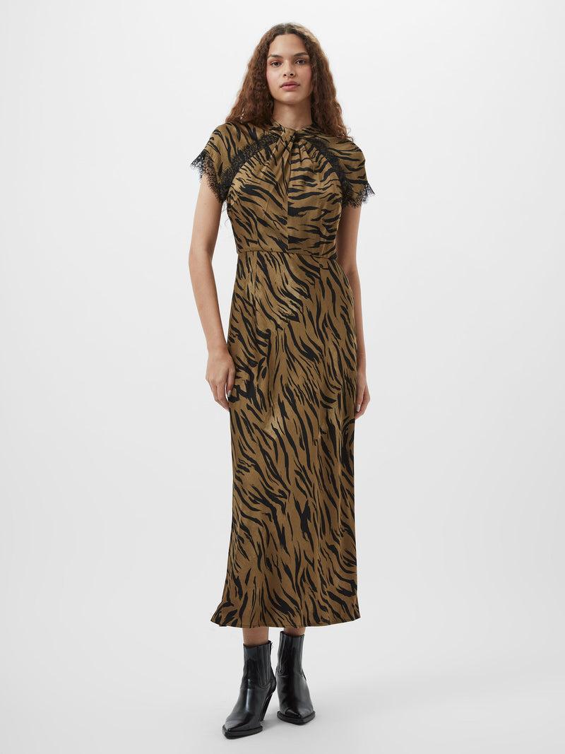 French Connection Adeline Ennis Eco Satin Lace Trim Dress Golden Olive Khaki