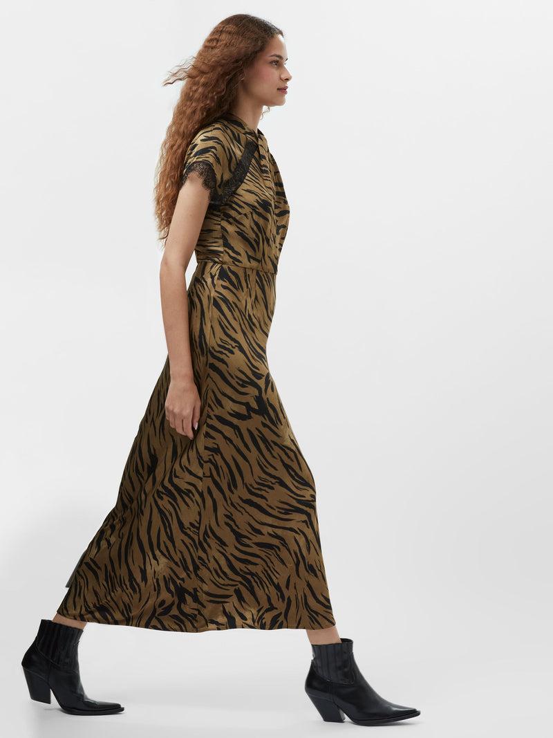 French Connection Adeline Ennis Eco Satin Lace Trim Dress Golden Olive Khaki