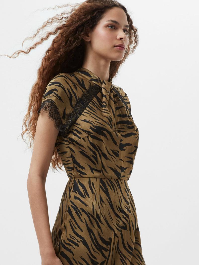 french connection Adeline Ennis Eco Satin Lace Trim Dress Golden Olive Khaki