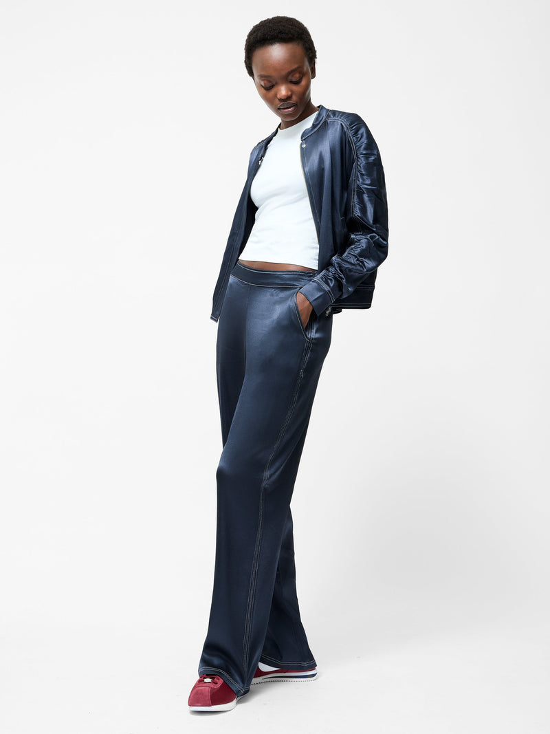 French Connection Akita Satin Stretch Wide Leg Trousers Navy