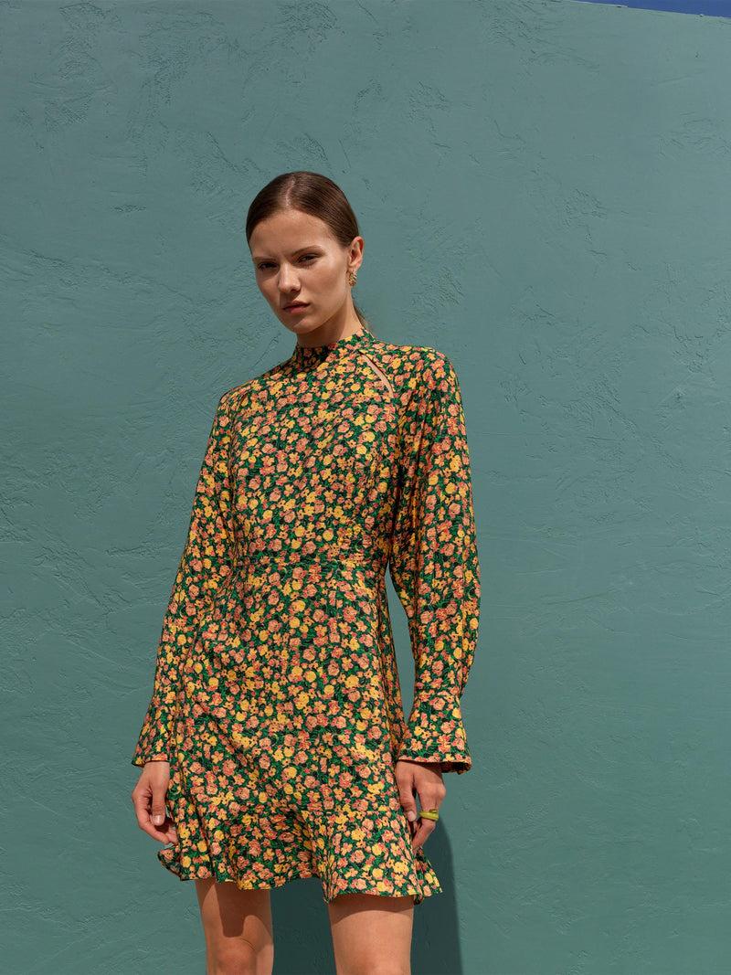 French Connection Aleezia Flavia Textured Mini Dress Forest Green Multi